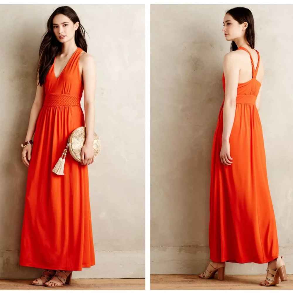 Anthropologie Maeve Yuma V-Neck Long Maxi Dress Orange w/Basketweave Trim Size 4